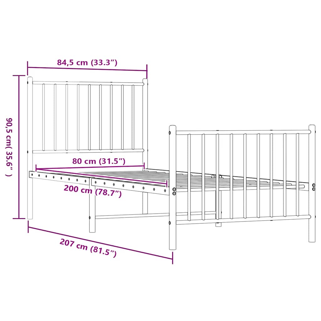 sengeramme med sengegavl og fodgærde 80x200 cm metal hvid