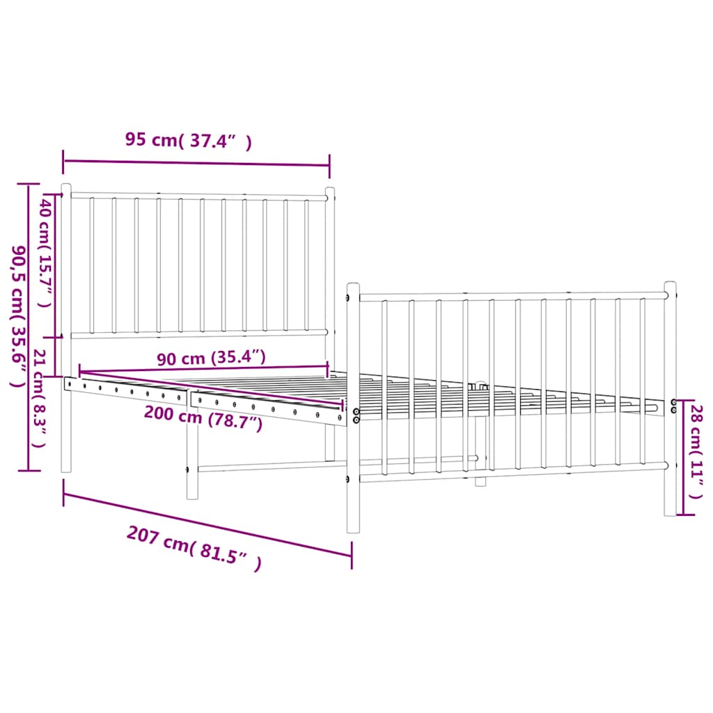 sengeramme med sengegavl og fodgærde 90x200 cm metal hvid