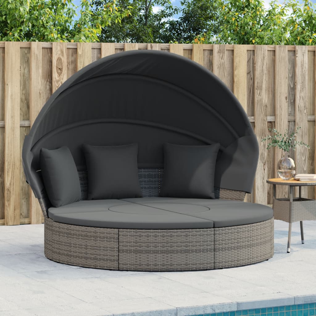 udendørs loungeseng med tag og hynder polyrattan grå