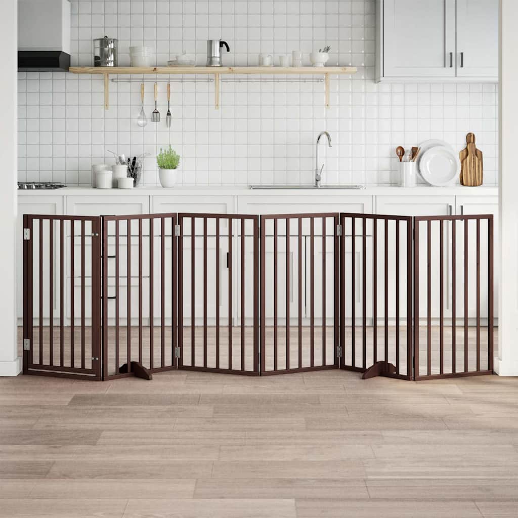 hundegitter med dør foldbar 6 paneler brun 300 cm poppeltræ