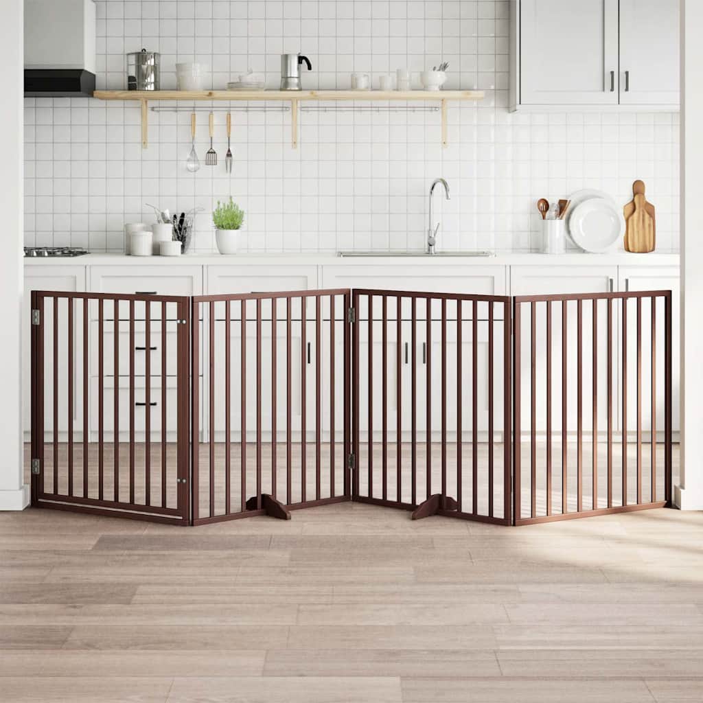 hundegitter med dør foldbar 4 paneler brun 320 cm poppeltræ
