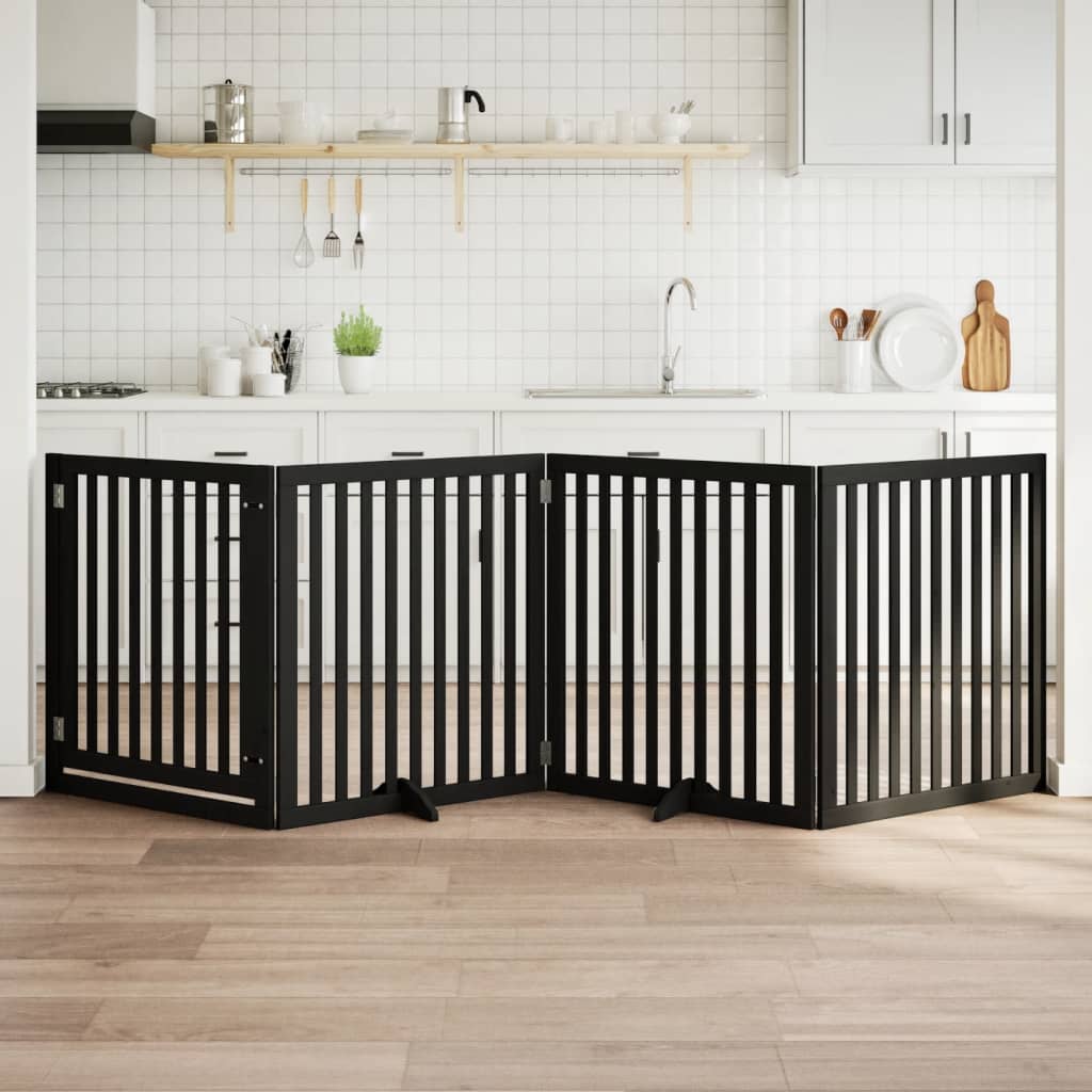 hundelåge med dør 4 paneler 300 cm foldbar poppeltræ sort