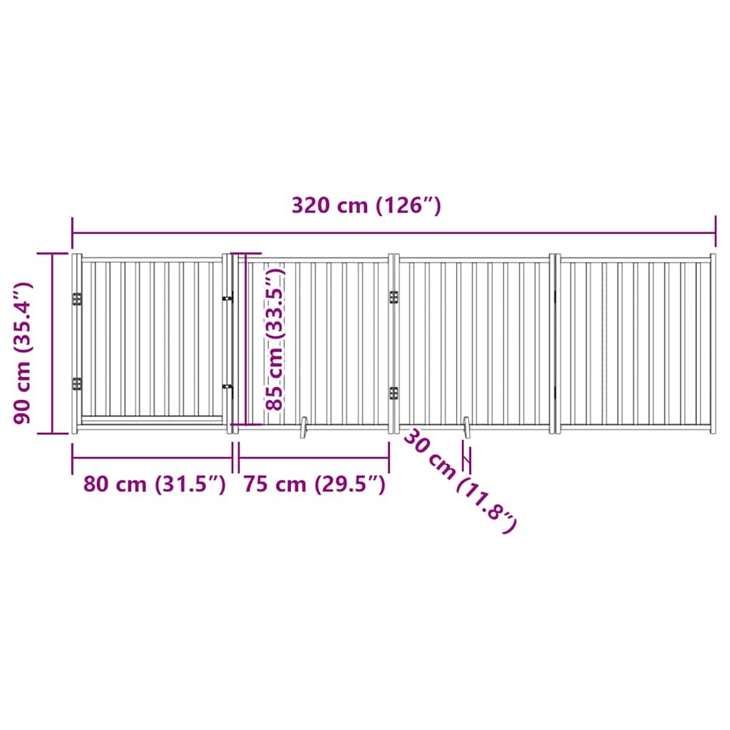 hundegitter med dør, foldbar, 4 paneler, 320 cm massivt træ, gran