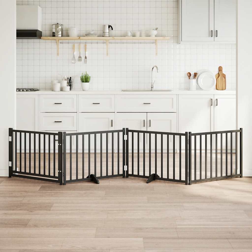 hundelåge m. dør 4 paneler 320 cm foldbar massivt gran sort