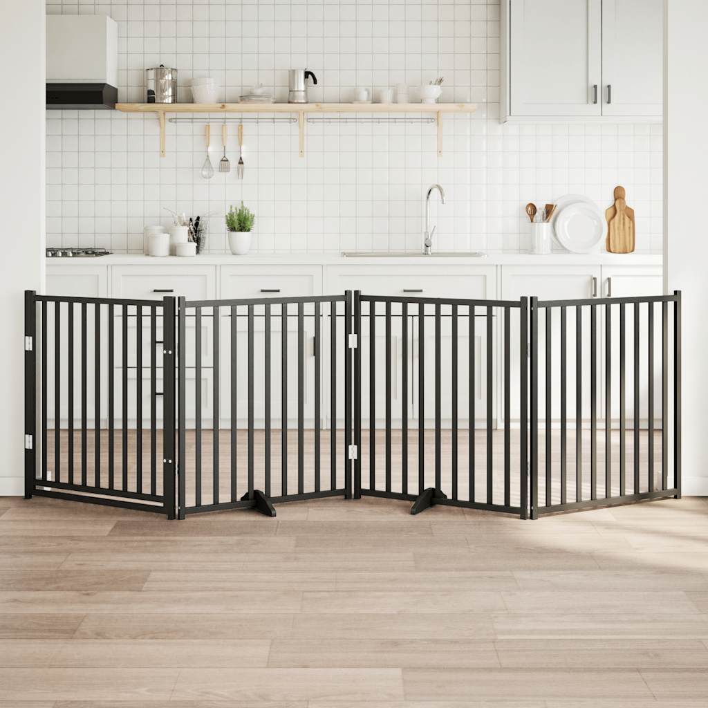 hundelåge m. dør 4 paneler 320 cm foldbar massivt gran sort