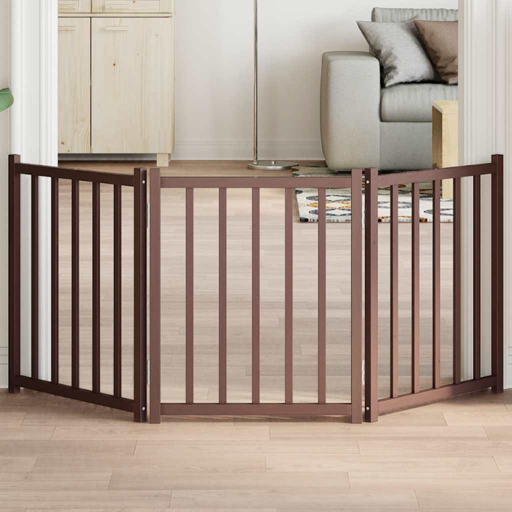hundelåge m. dør 3 paneler 150 cm foldbar massivt gran brunt eg