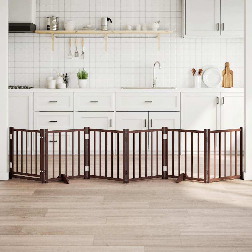 hundelåge m. dør 6 paneler 300 cm foldbar massivt gran brunt eg