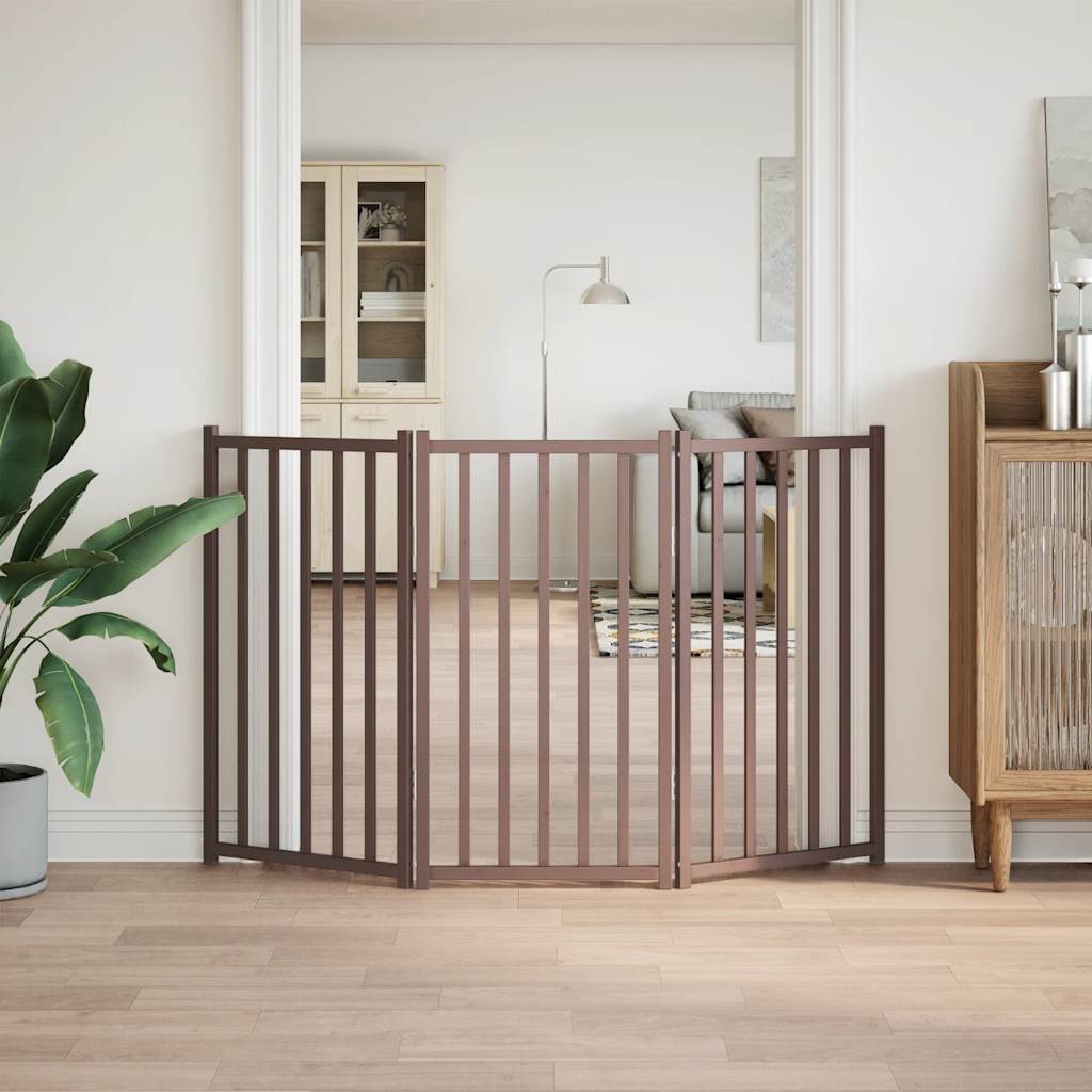 hundelåge m. dør 3 paneler 150 cm foldbar massivt gran brunt eg