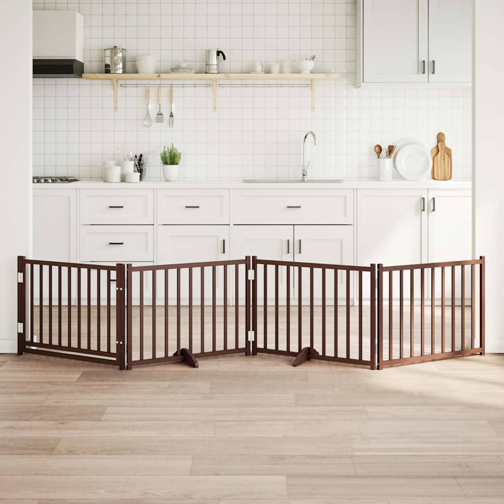 hundelåge m. dør 4 paneler 320 cm foldbar massivt gran brunt eg