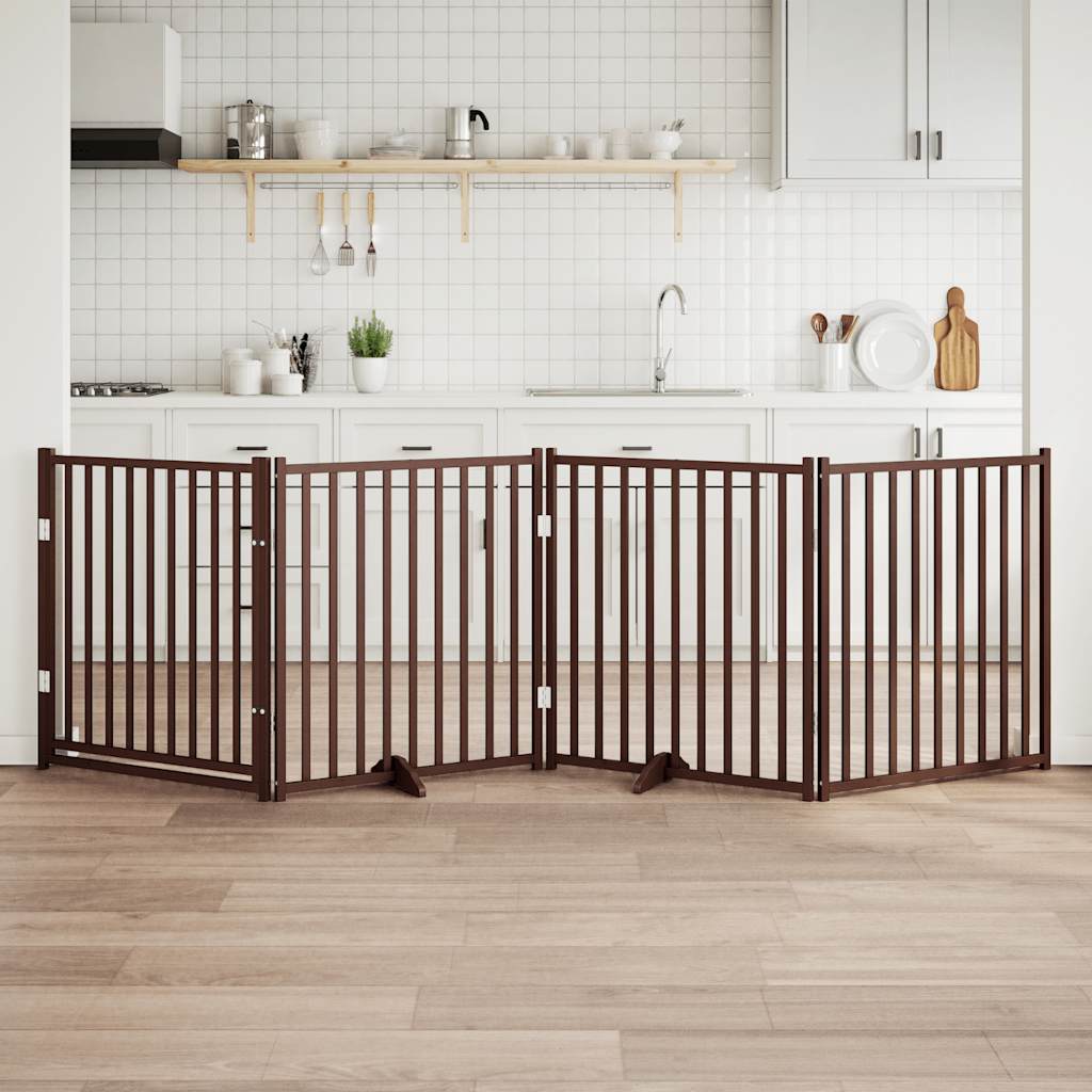 hundelåge m. dør 4 paneler 320 cm foldbar massivt gran brunt eg