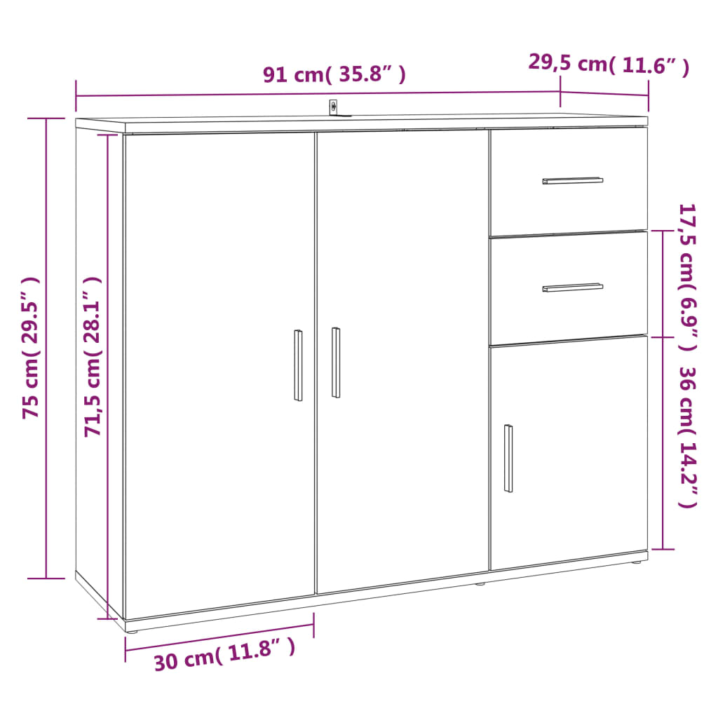 skænk 91x29,5x75 cm konstrueret træ røget egetræsfarve