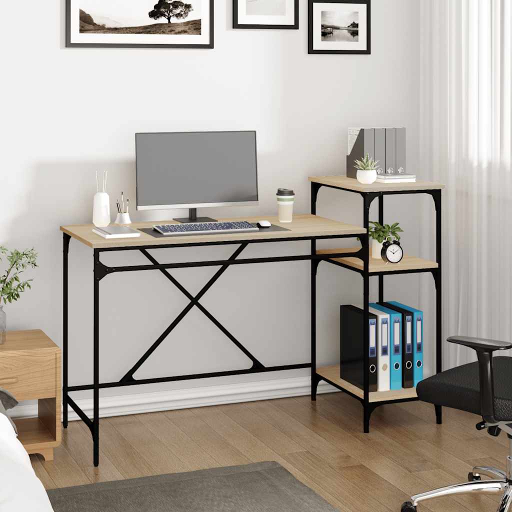 skrivebord m. hylder 135x50x90cm konstrueret træ jern sonoma-eg