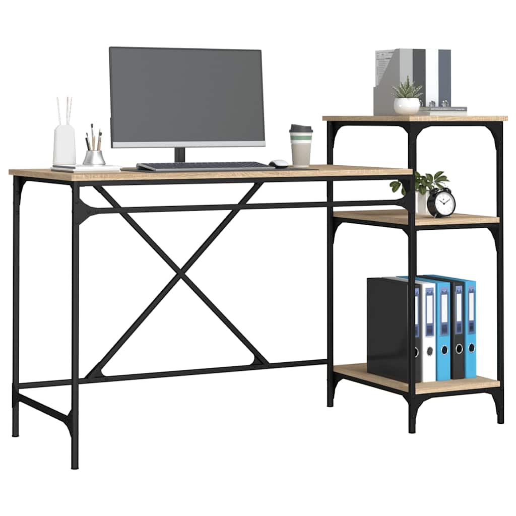 skrivebord m. hylder 135x50x90cm konstrueret træ jern sonoma-eg