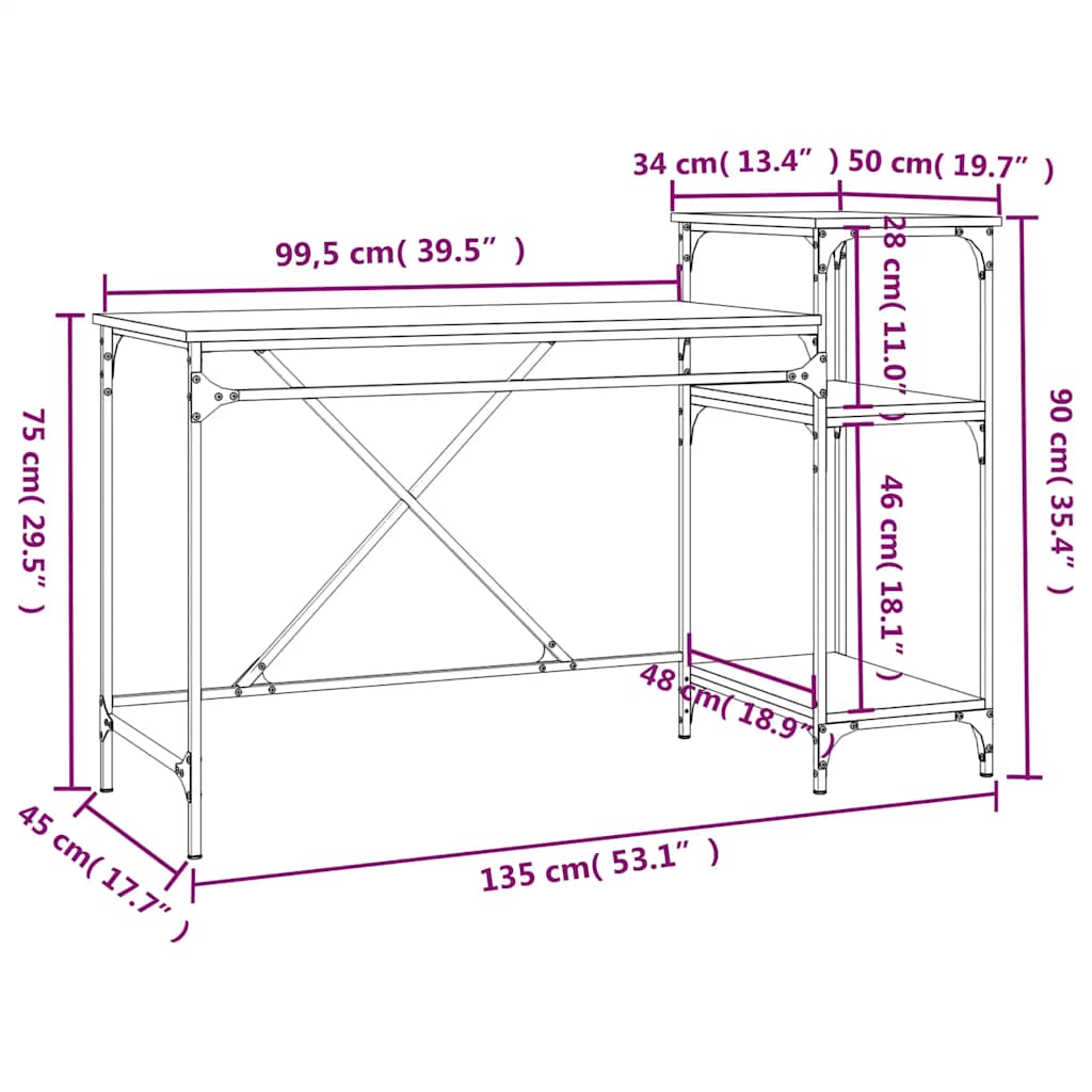 skrivebord m. hylder 135x50x90cm konstrueret træ jern sonoma-eg