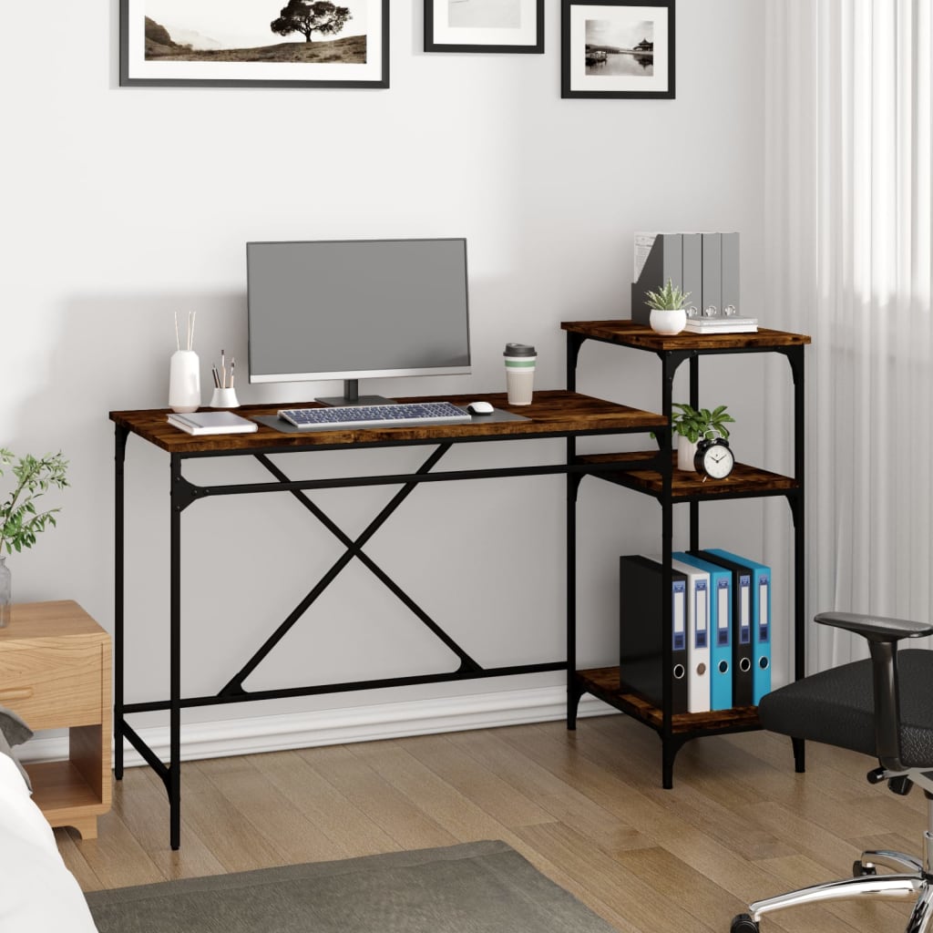 skrivebord m. hylder 135x50x90 cm konstrueret træ jern røget eg