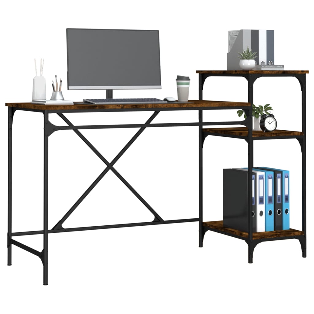 skrivebord m. hylder 135x50x90 cm konstrueret træ jern røget eg