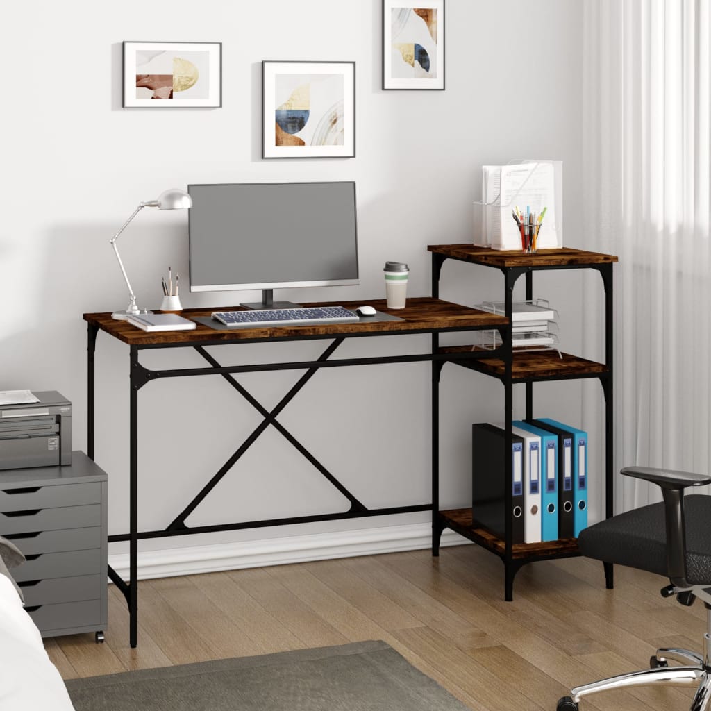 skrivebord m. hylder 135x50x90 cm konstrueret træ jern røget eg