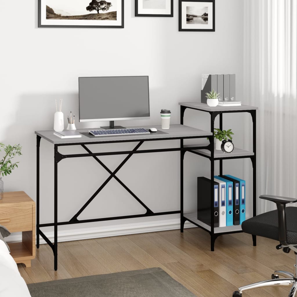 skrivebord 135x50x90 cm konstrueret træ og jern grå sonoma-eg