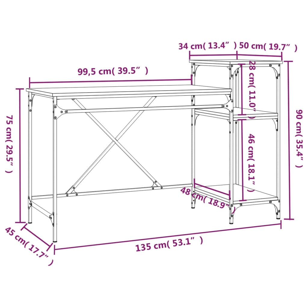 skrivebord 135x50x90 cm konstrueret træ og jern grå sonoma-eg
