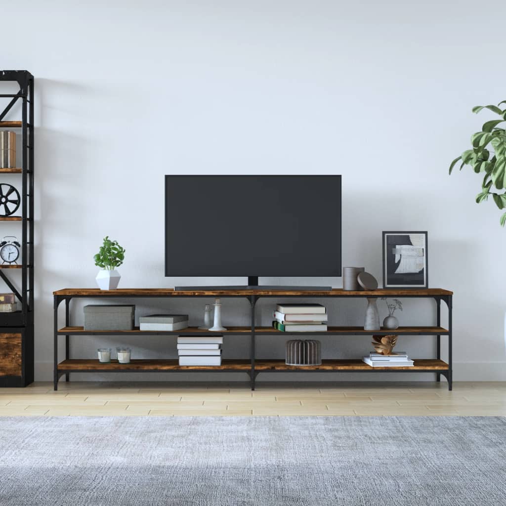 tv-bord 200x30x50 cm konstrueret træ metal røget egetræsfarve