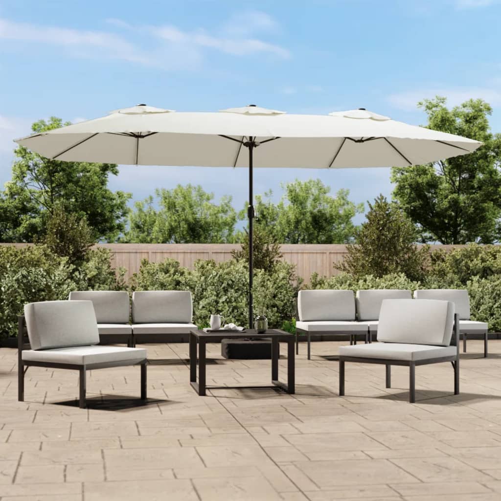parasol med dobbelt parasoldug og LED-lys 449x265 cm sandhvid