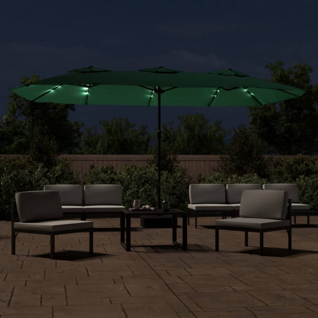 parasol med dobbelt parasoldug og LED-lys 449x265 cm grøn