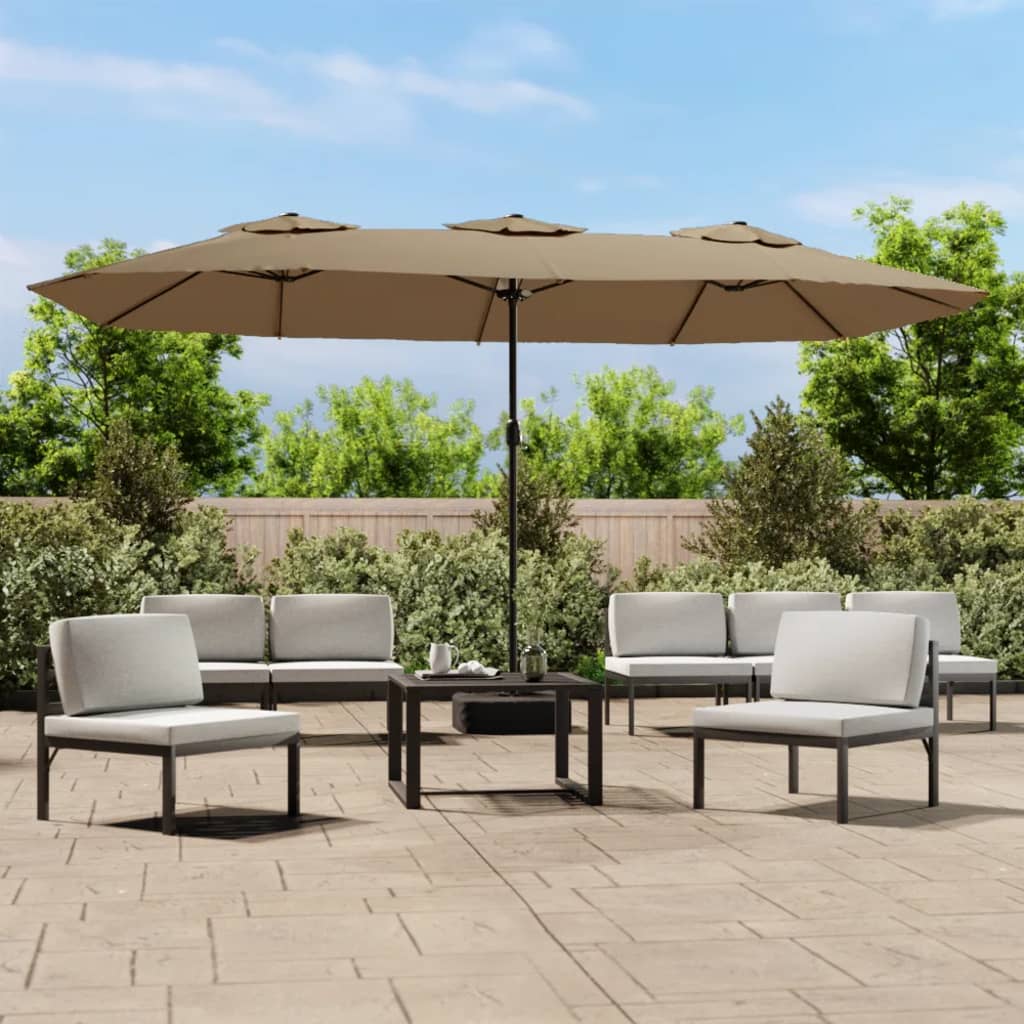 parasol med dobbelt parasoldug og LED-lys 449x265 cm gråbrun