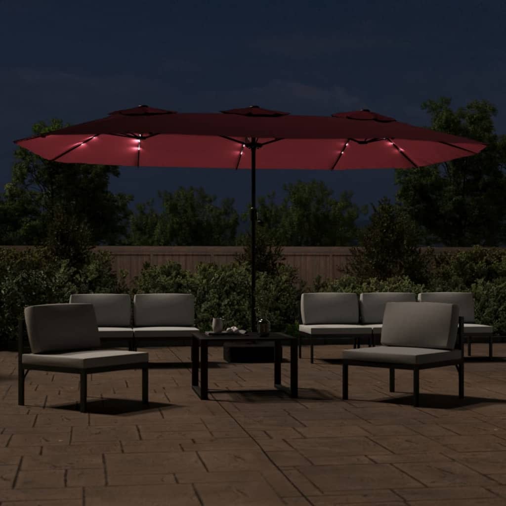 parasol m. dobbelt parasoldug og LED-lys 449x265 cm bordeauxrød