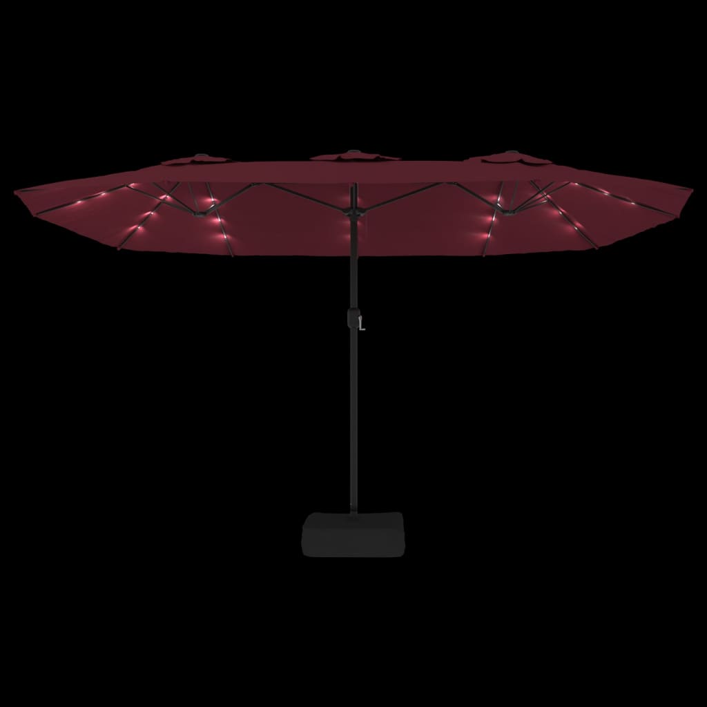 parasol m. dobbelt parasoldug og LED-lys 449x265 cm bordeauxrød