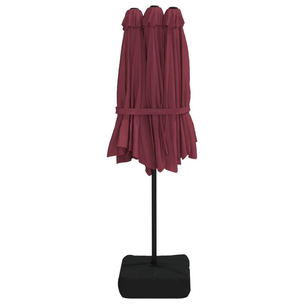 parasol m. dobbelt parasoldug og LED-lys 449x265 cm bordeauxrød