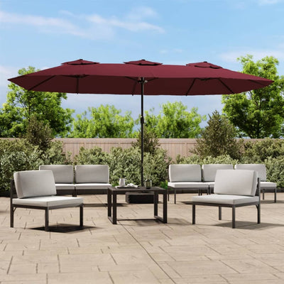 parasol m. dobbelt parasoldug og LED-lys 449x265 cm bordeauxrød