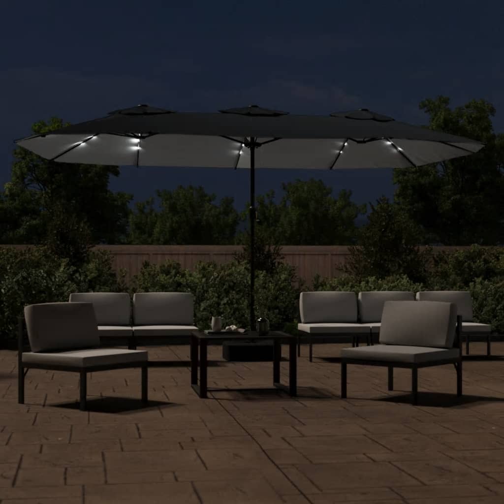 parasol med dobbelt parasoldug og LED-lys 449x265 cm sort