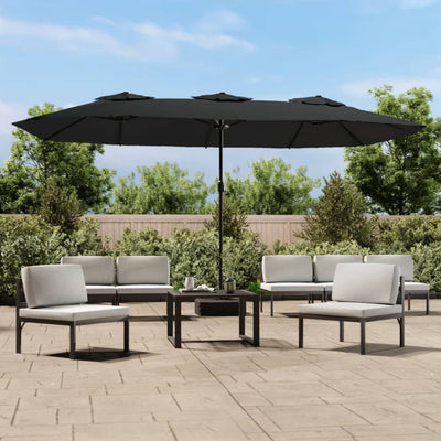 parasol med dobbelt parasoldug og LED-lys 449x265 cm sort