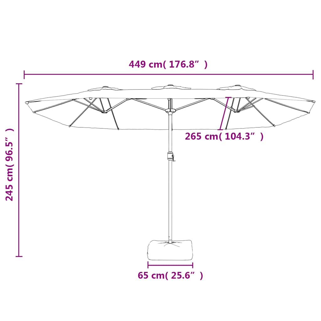 parasol med dobbelt parasoldug og LED-lys 449x265 cm azurblå