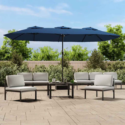 parasol med dobbelt parasoldug og LED-lys 449x265 cm azurblå