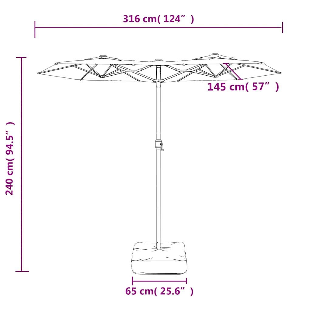 parasol med dobbelt parasoldug og LED-lys 316x145 cm grøn