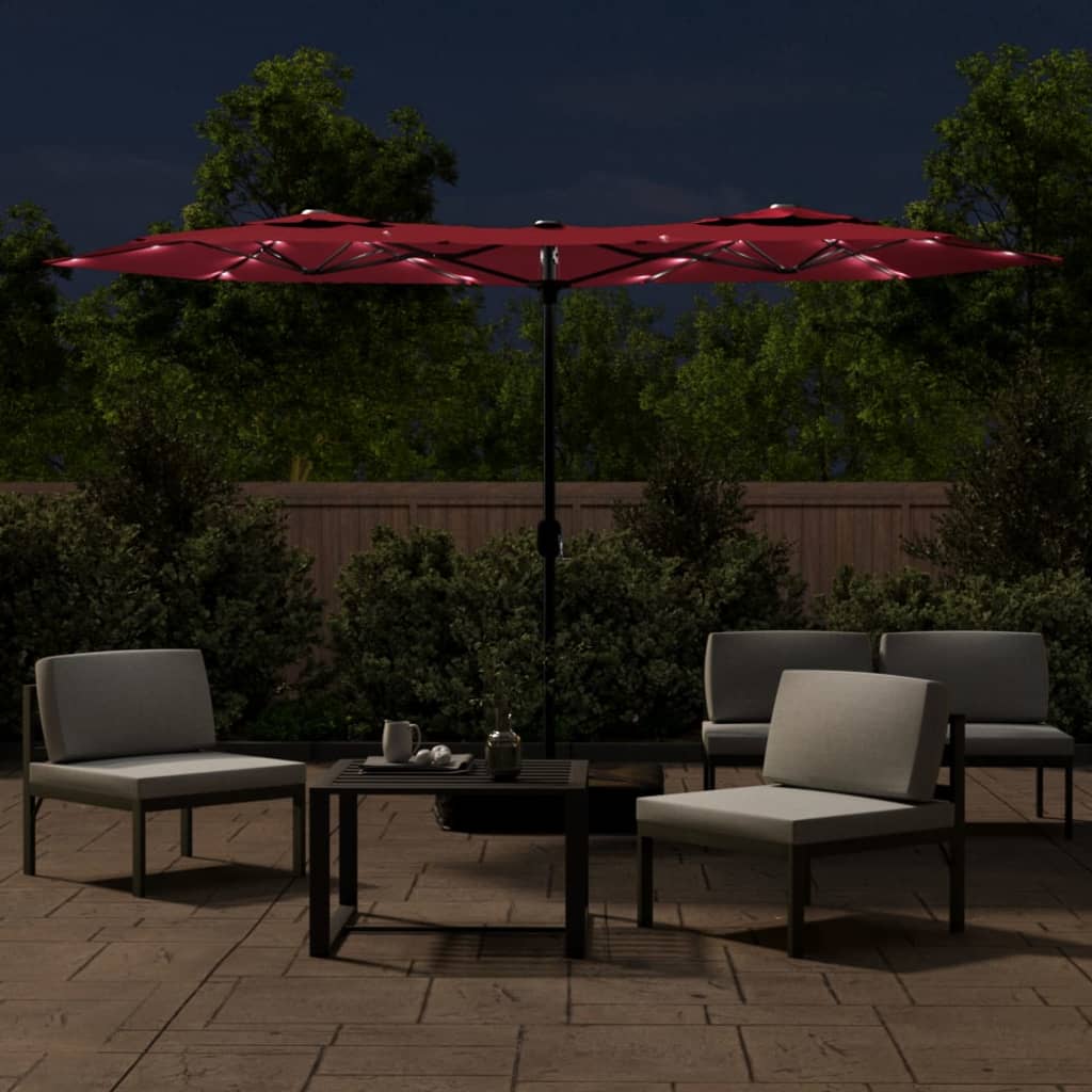 parasol m. dobbelt parasoldug og LED-lys 316x145 cm bordeauxrød