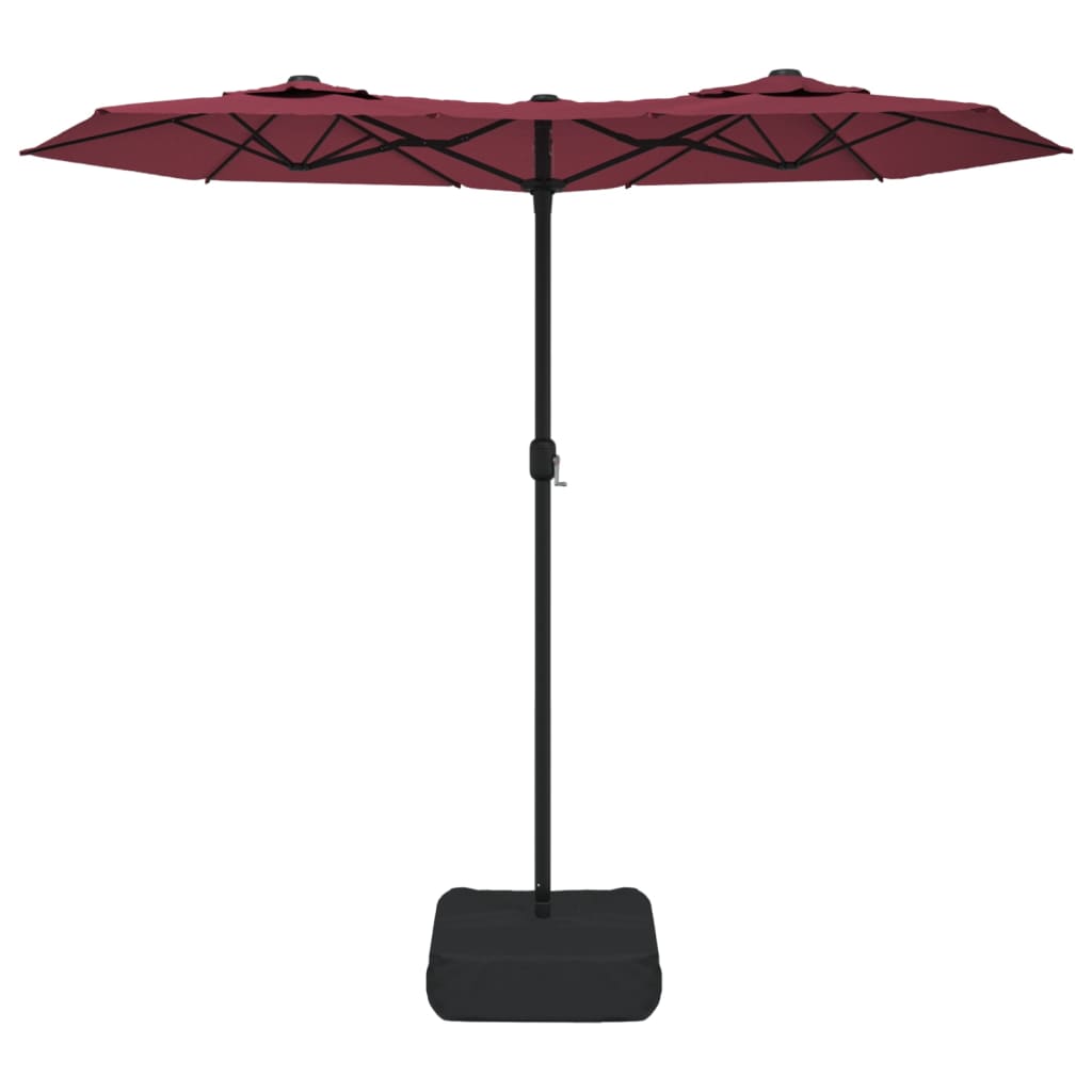 parasol m. dobbelt parasoldug og LED-lys 316x145 cm bordeauxrød