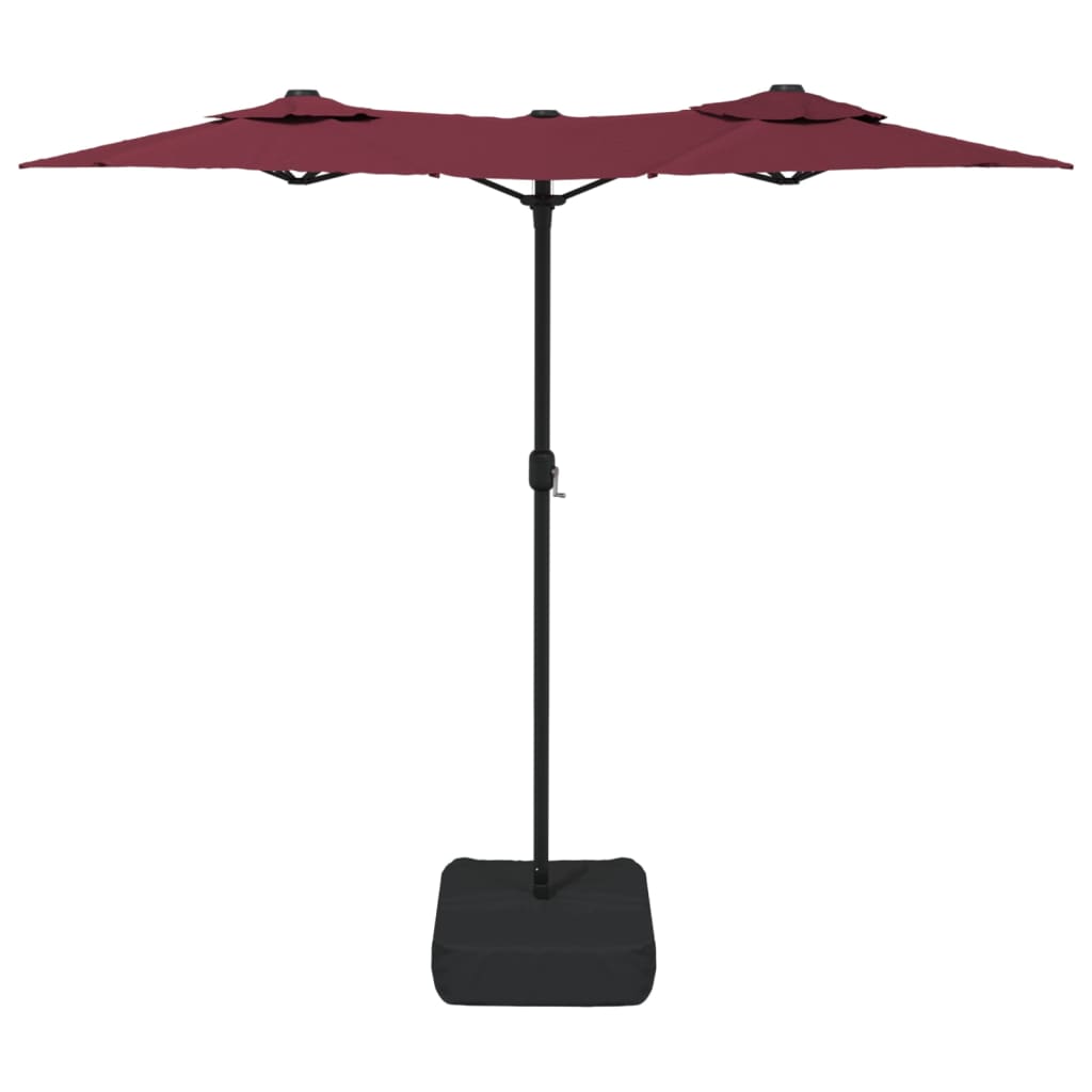 parasol m. dobbelt parasoldug og LED-lys 316x145 cm bordeauxrød