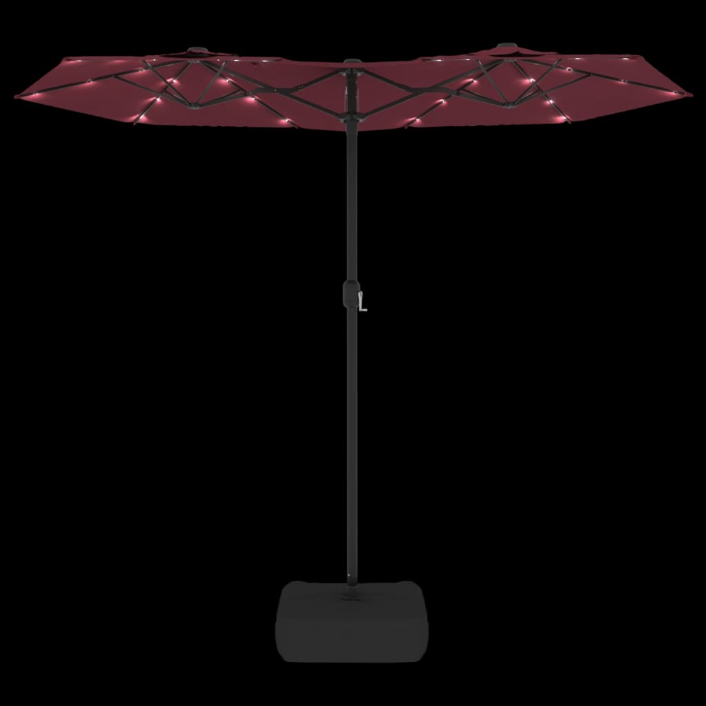 parasol m. dobbelt parasoldug og LED-lys 316x145 cm bordeauxrød
