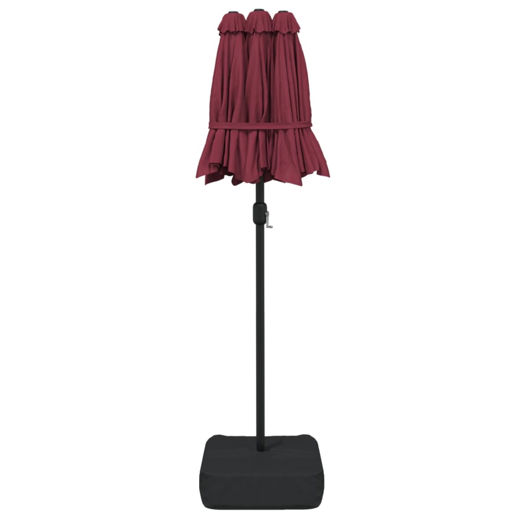 parasol m. dobbelt parasoldug og LED-lys 316x145 cm bordeauxrød
