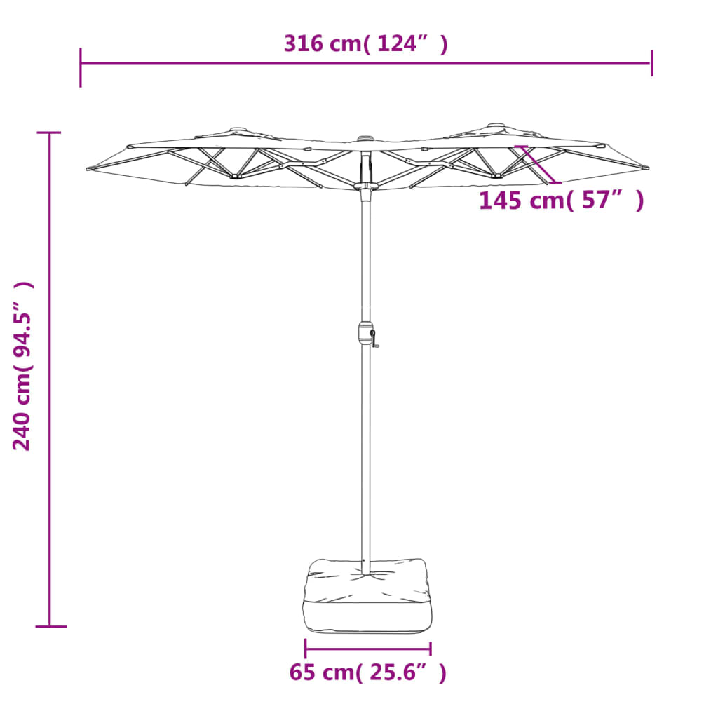parasol m. dobbelt parasoldug og LED-lys 316x145 cm bordeauxrød