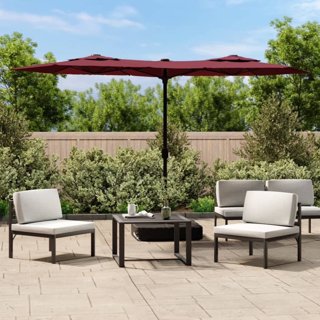 parasol m. dobbelt parasoldug og LED-lys 316x145 cm bordeauxrød