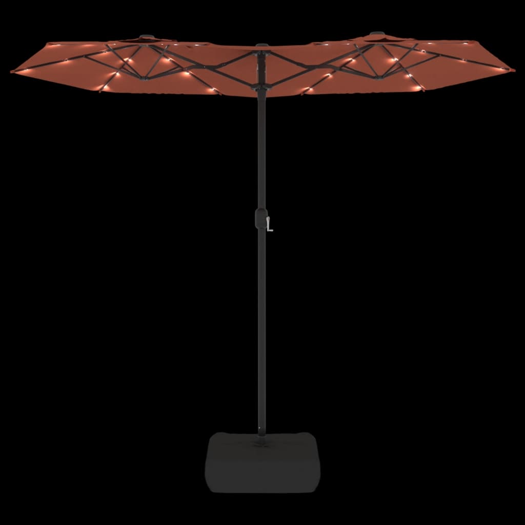 parasol m. dobbelt parasoldug og LED-lys 316x145 cm terrakotta