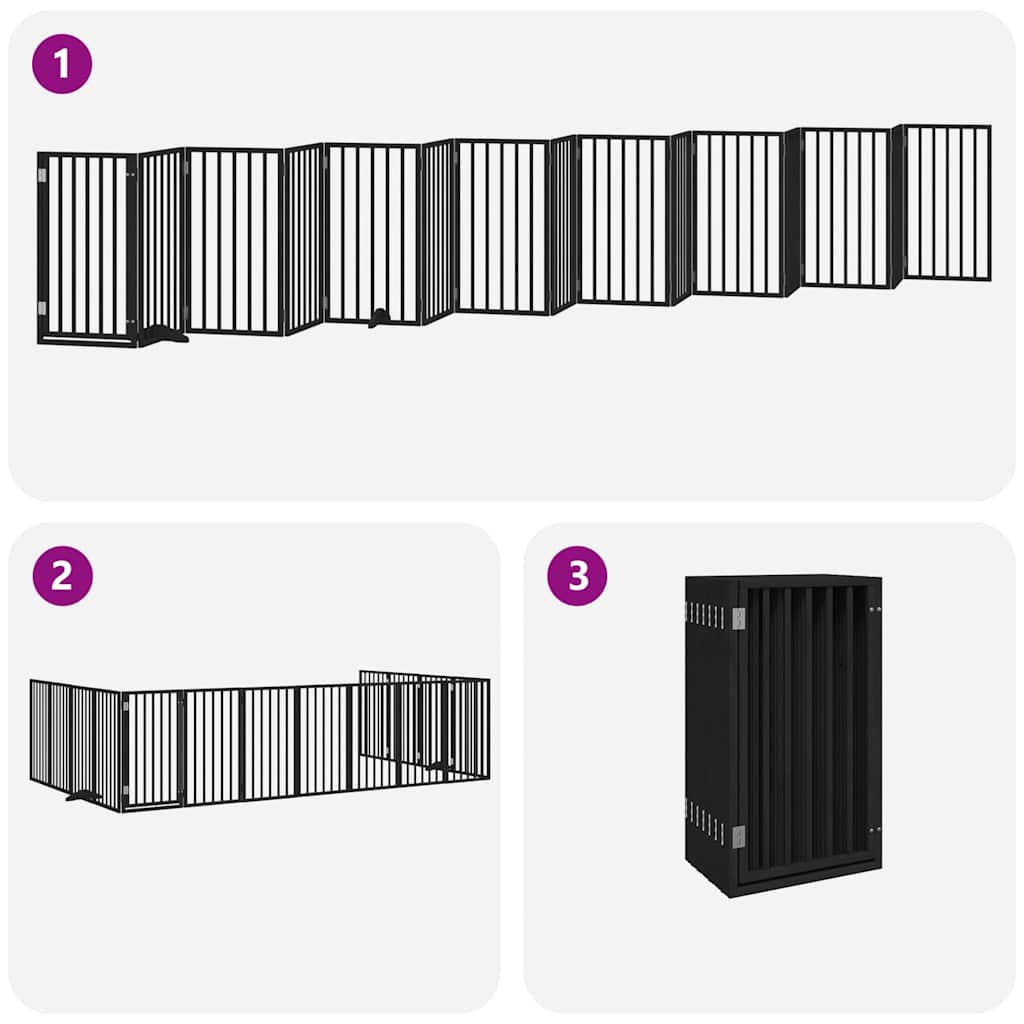 hundelåge med dør 15 paneler 750 cm foldbar poppeltræ sort
