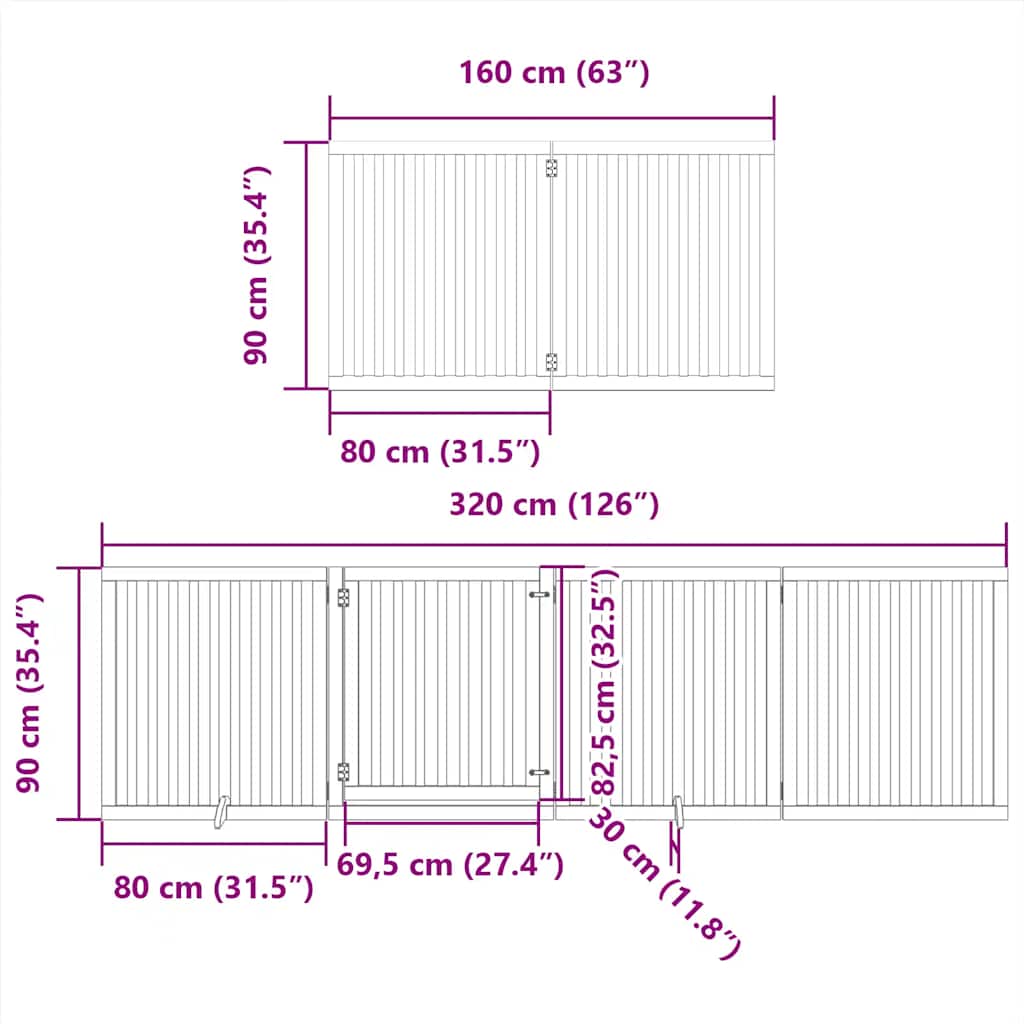 hundelåge med dør 8 paneler 640 cm foldbar poppeltræ hvid