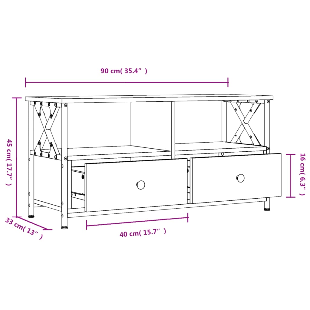 tv-bord 90x33x45 cm konstrueret træ og jern sonoma-eg