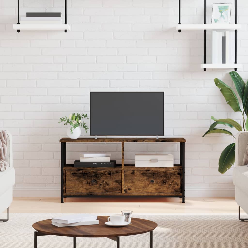 tv-bord 90x33x45 cm konstrueret træ og jern røget egetræsfarve