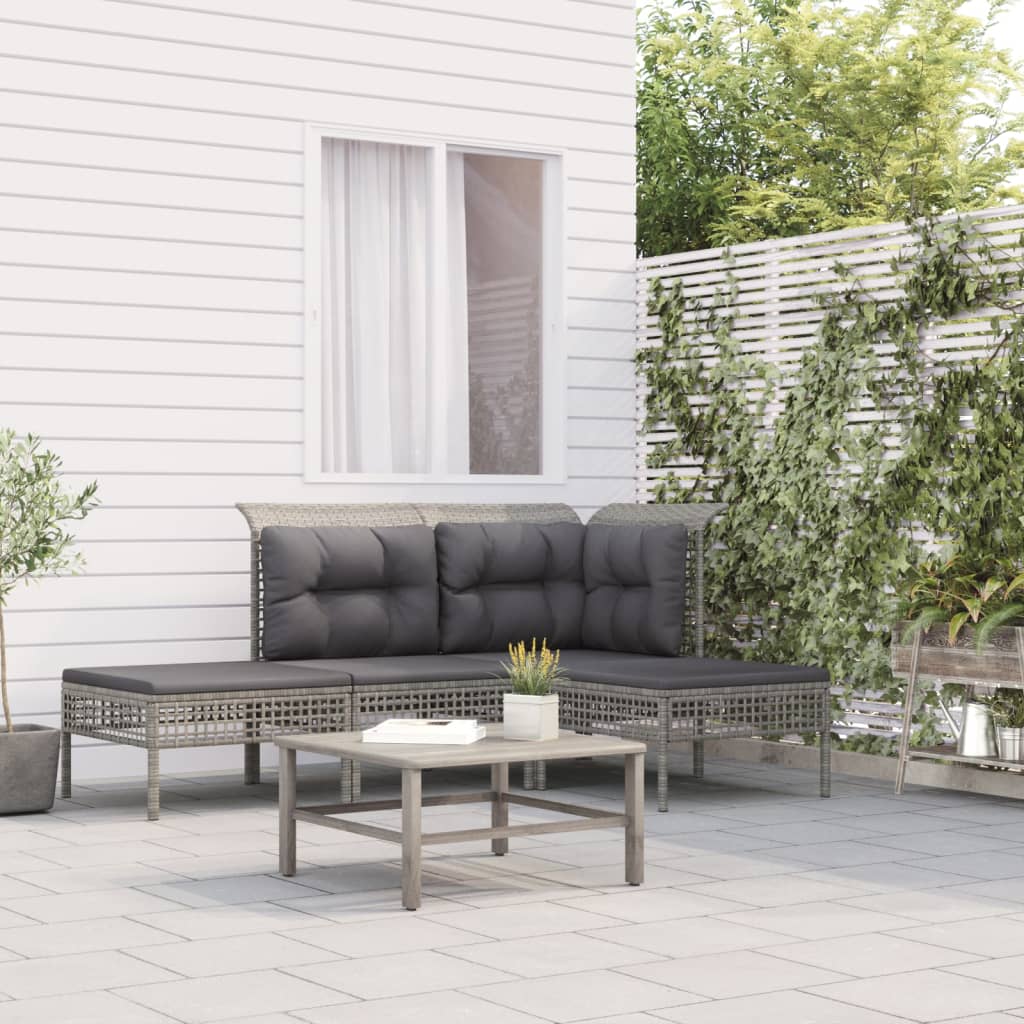 loungesæt til haven 4 dele med hynder polyrattan grå