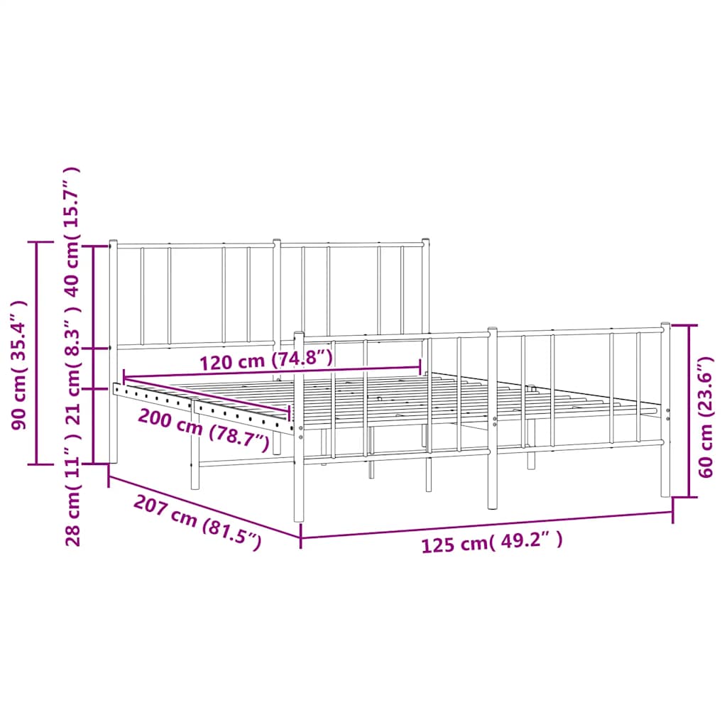 sengeramme med sengegavl og fodgærde 120x200 cm metal sort